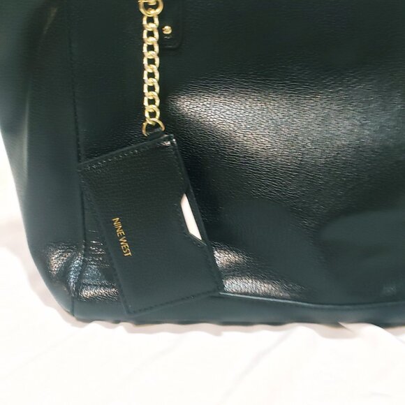 Nine West Black Satchel Handbag Purse Grommets Double Strap Bottom Stud 10" - Picture 7 of 9